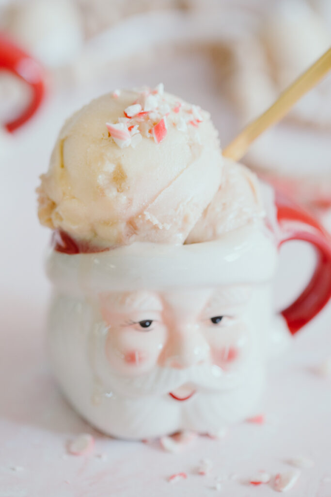 Dairy-free Peppermint Candy Cane Ice Cream in a Santa mug topped with crushed peppermint candy