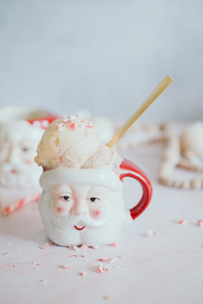 Dairy-free Peppermint Candy Cane Ice Cream in a Santa mug topped with crushed peppermint candy